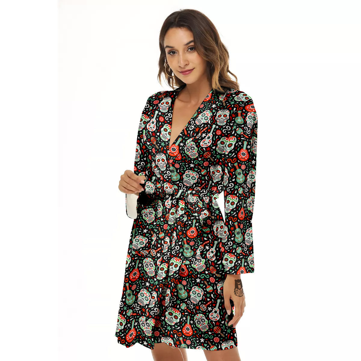 Day Of The Dead Calaveras Print Pattern Women's Robe-grizzshop