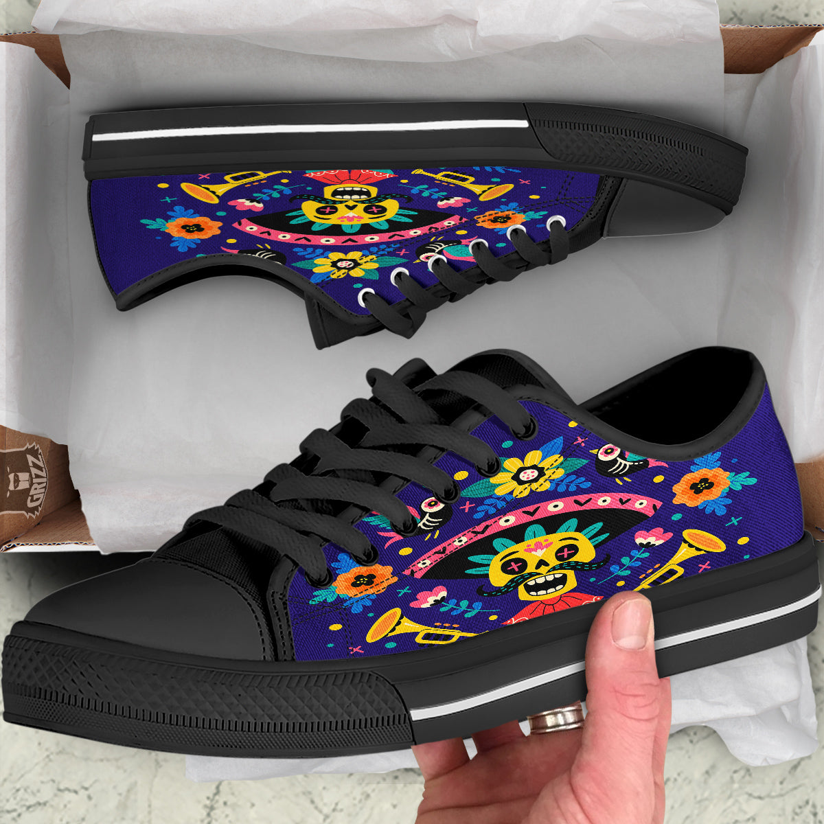 Day Of The Dead Cinco de Mayo Print Black Low Top Shoes-grizzshop