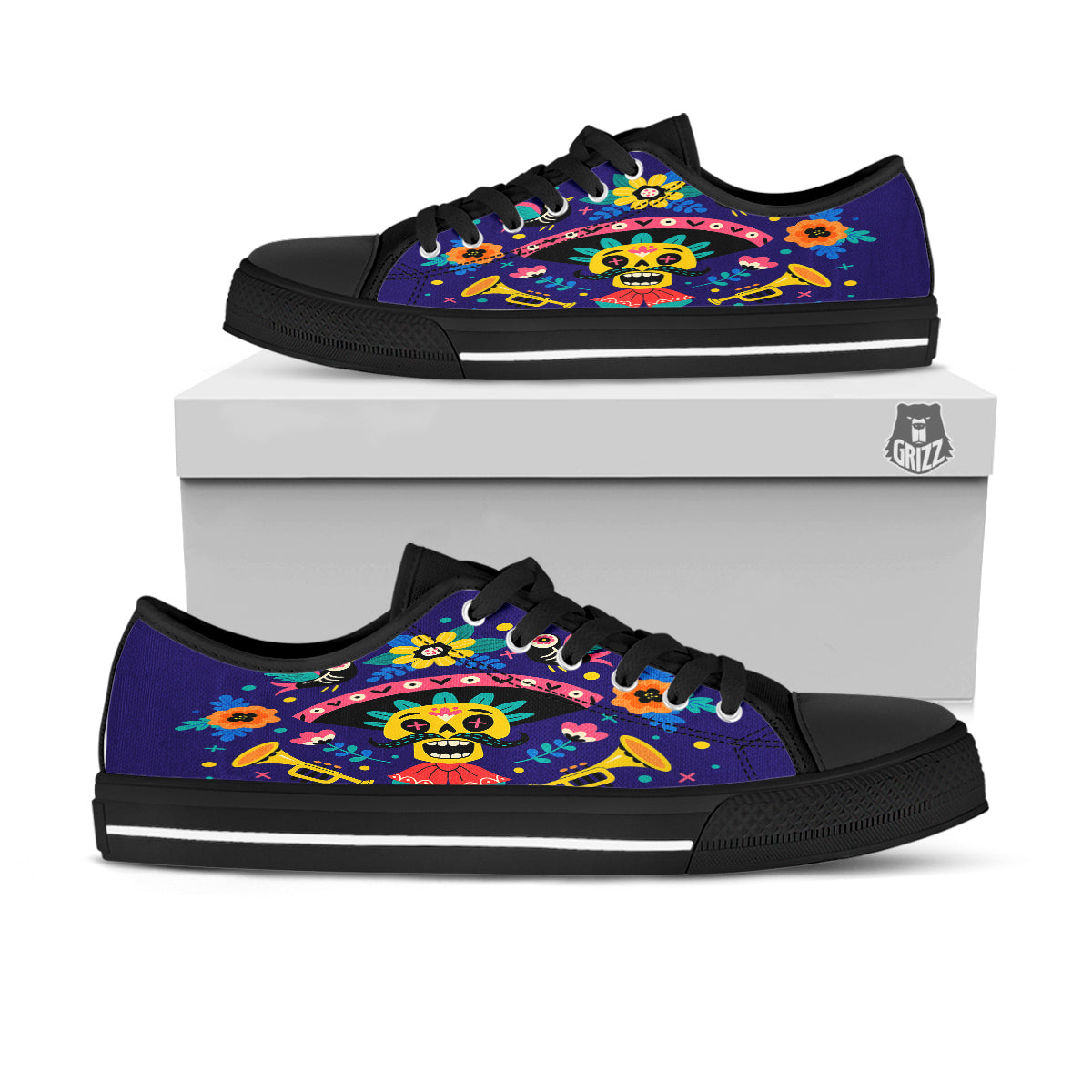 Day Of The Dead Cinco de Mayo Print Black Low Top Shoes-grizzshop