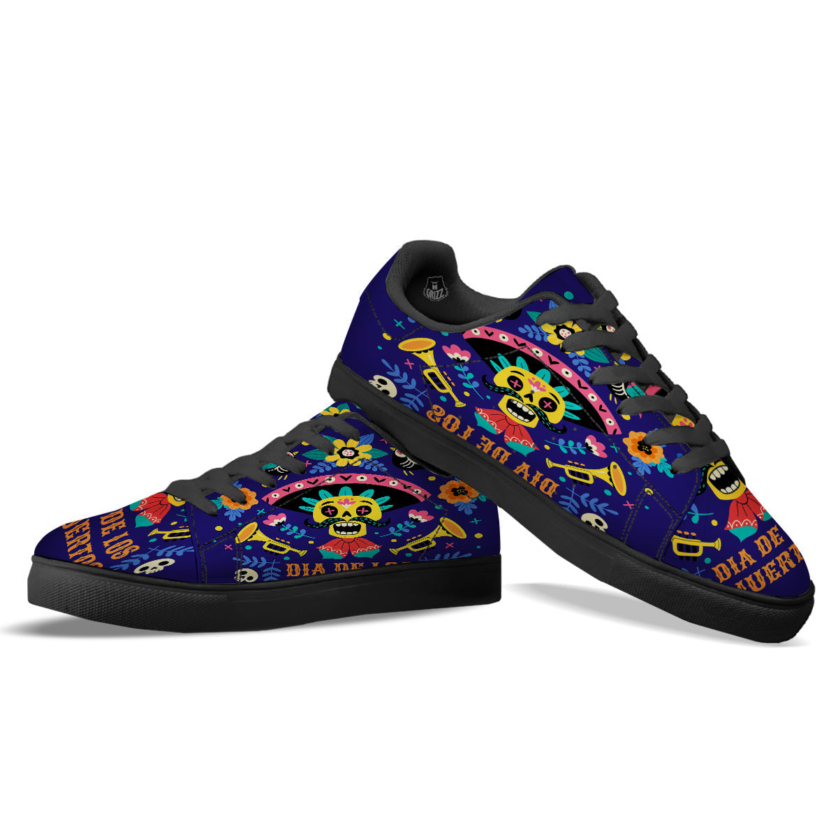 Day Of The Dead Cinco de Mayo Print Black Low Top Sneakers-grizzshop