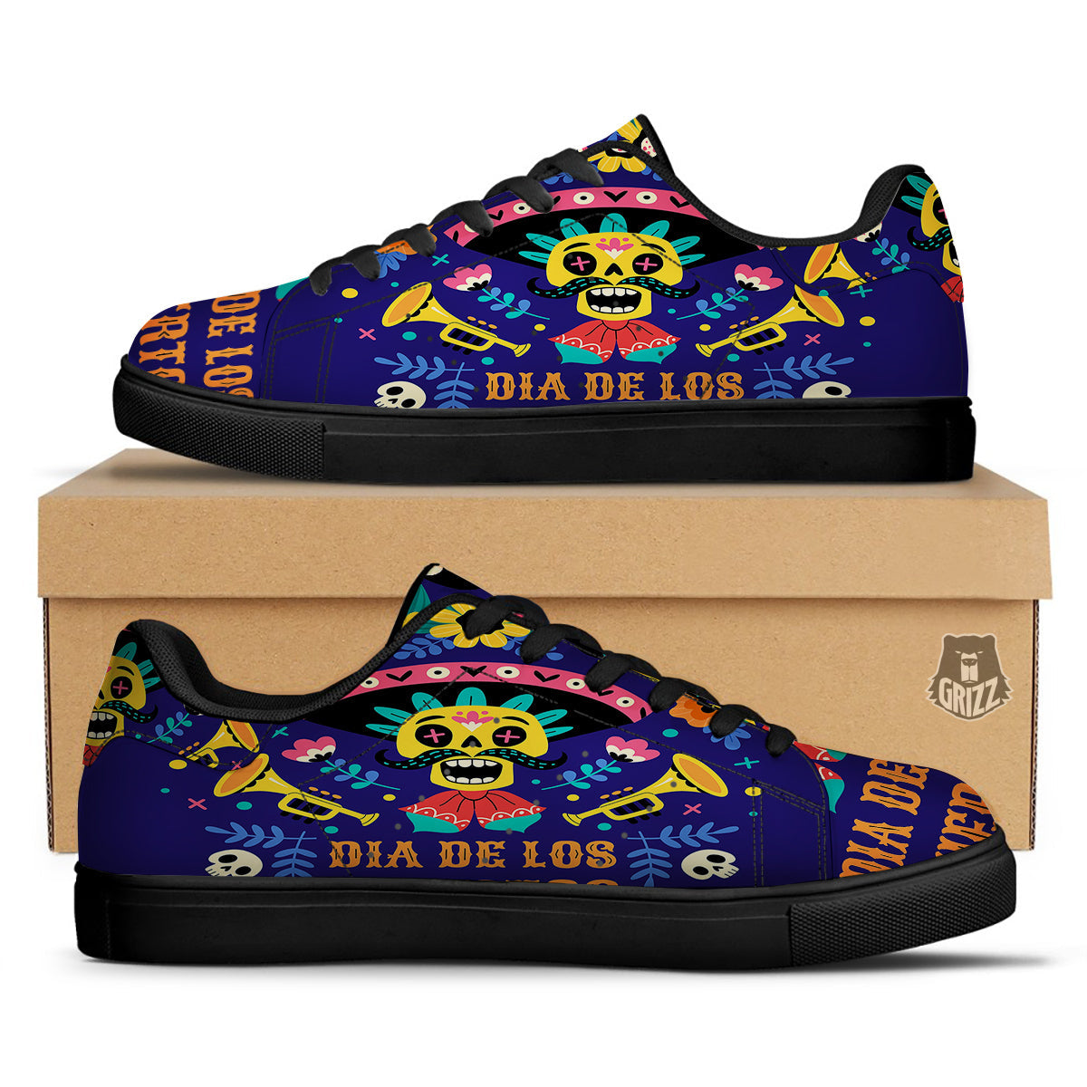 Day Of The Dead Cinco de Mayo Print Black Low Top Sneakers-grizzshop