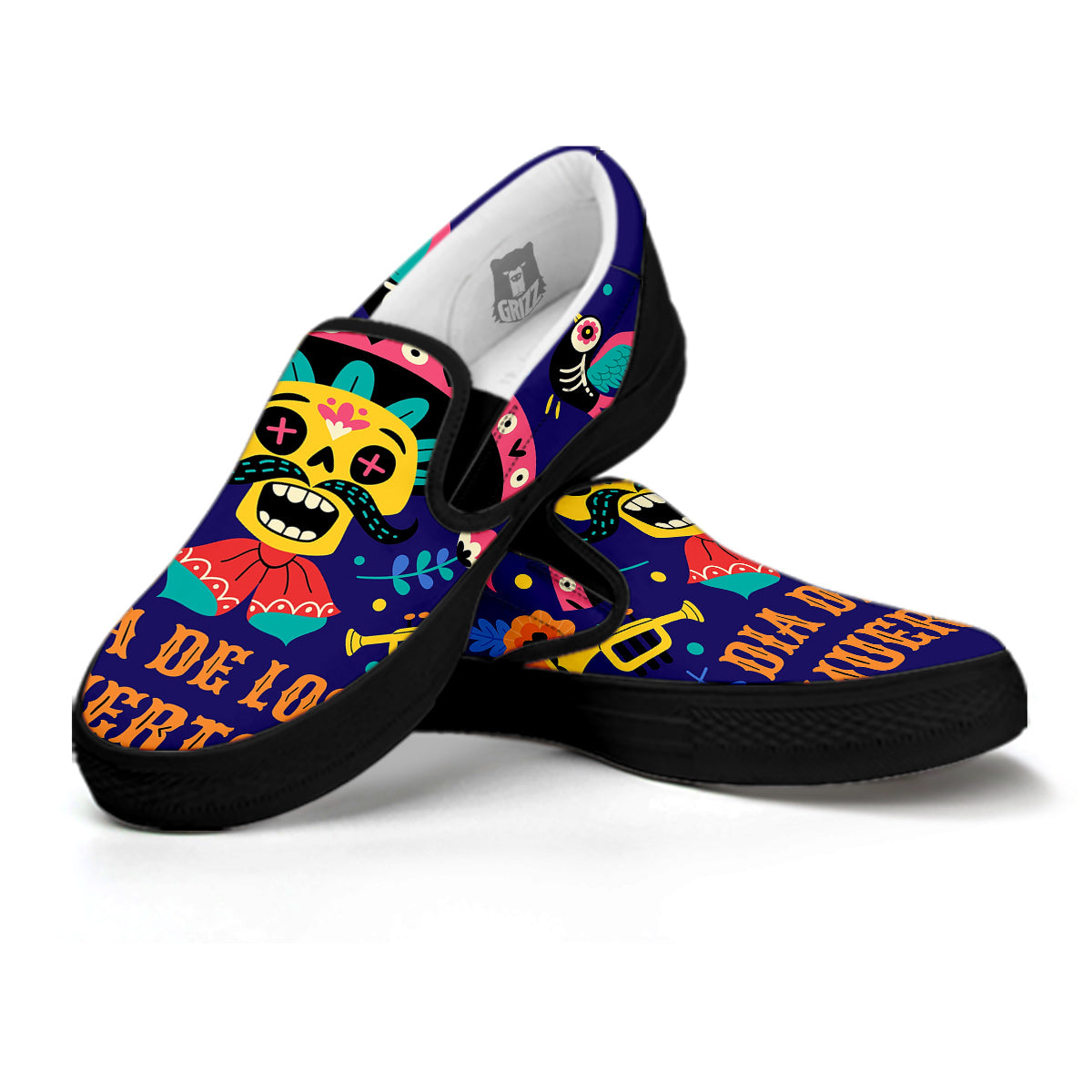 Day Of The Dead Cinco de Mayo Print Black Slip On Shoes-grizzshop