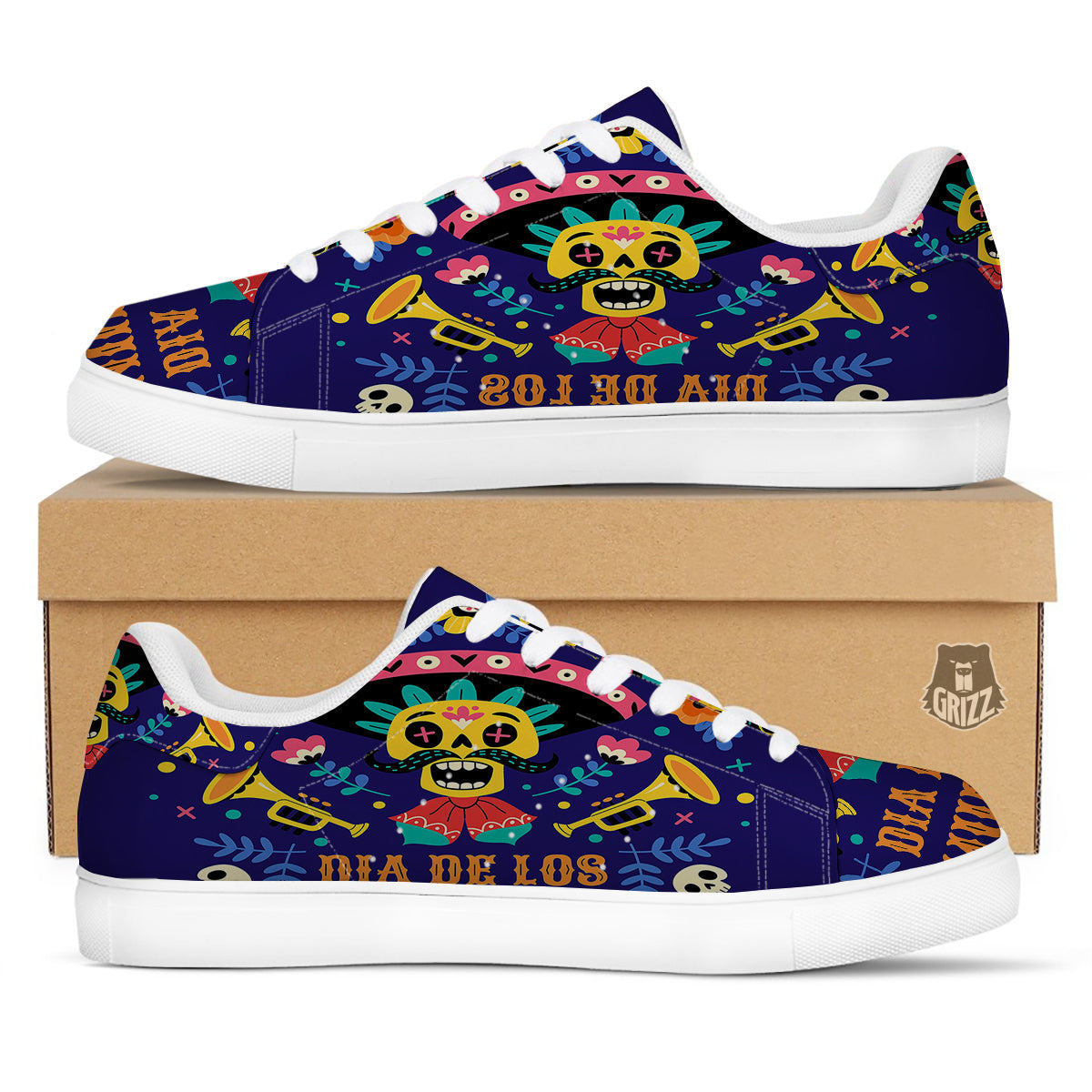 Day Of The Dead Cinco de Mayo Print White Low Top Sneakers-grizzshop