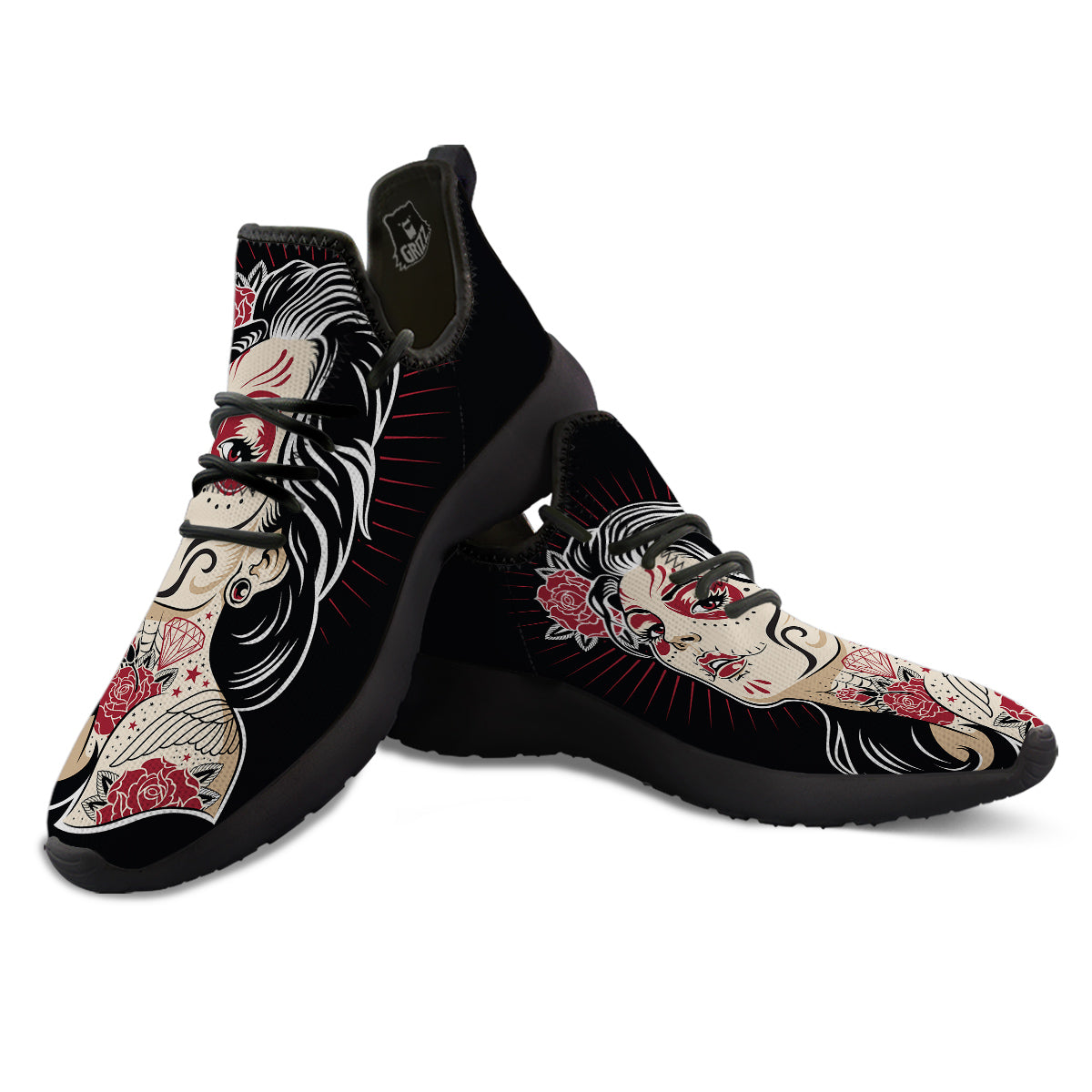 Day of The Dead Calavera Girl Print Black Athletic Shoes-grizzshop