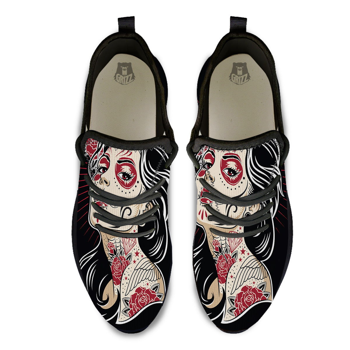Day of The Dead Calavera Girl Print Black Athletic Shoes-grizzshop