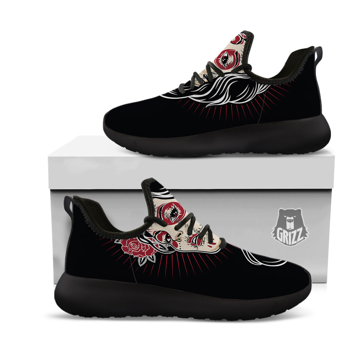 Day of The Dead Calavera Girl Print Black Athletic Shoes-grizzshop