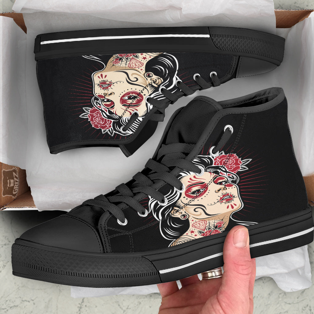 Day of The Dead Calavera Girl Print Black High Top Shoes-grizzshop