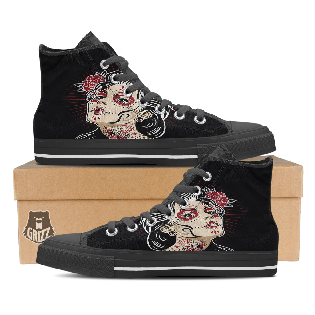 Day of The Dead Calavera Girl Print Black High Top Shoes-grizzshop