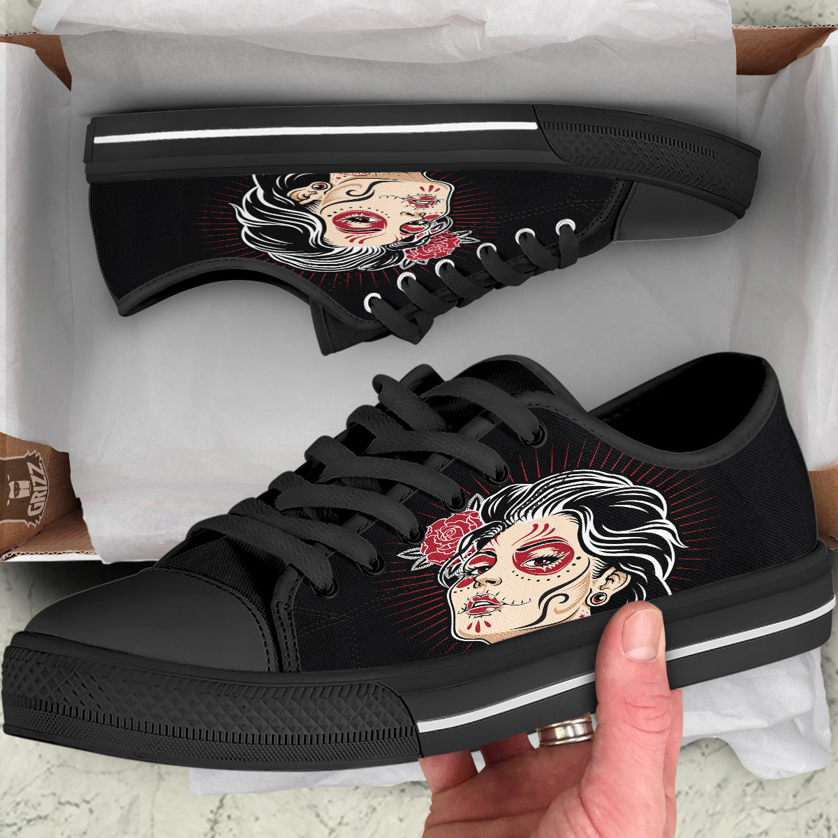 Day of The Dead Calavera Girl Print Black Low Top Shoes-grizzshop