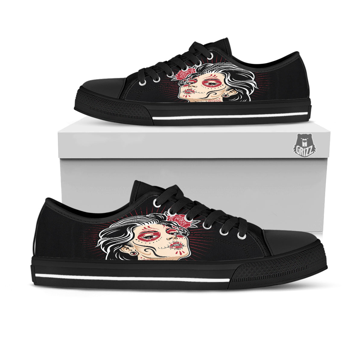 Day of The Dead Calavera Girl Print Black Low Top Shoes-grizzshop