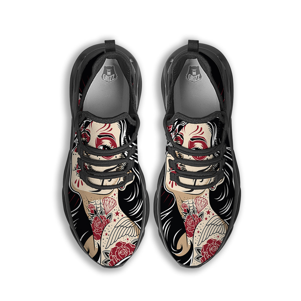 Day of The Dead Calavera Girl Print Black Running Shoes-grizzshop