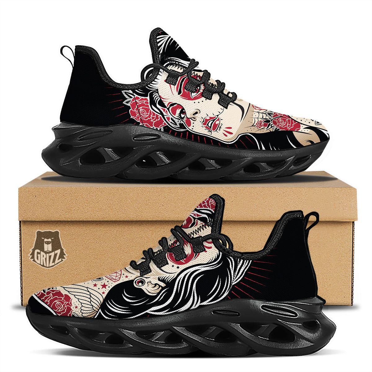 Day of The Dead Calavera Girl Print Black Running Shoes-grizzshop