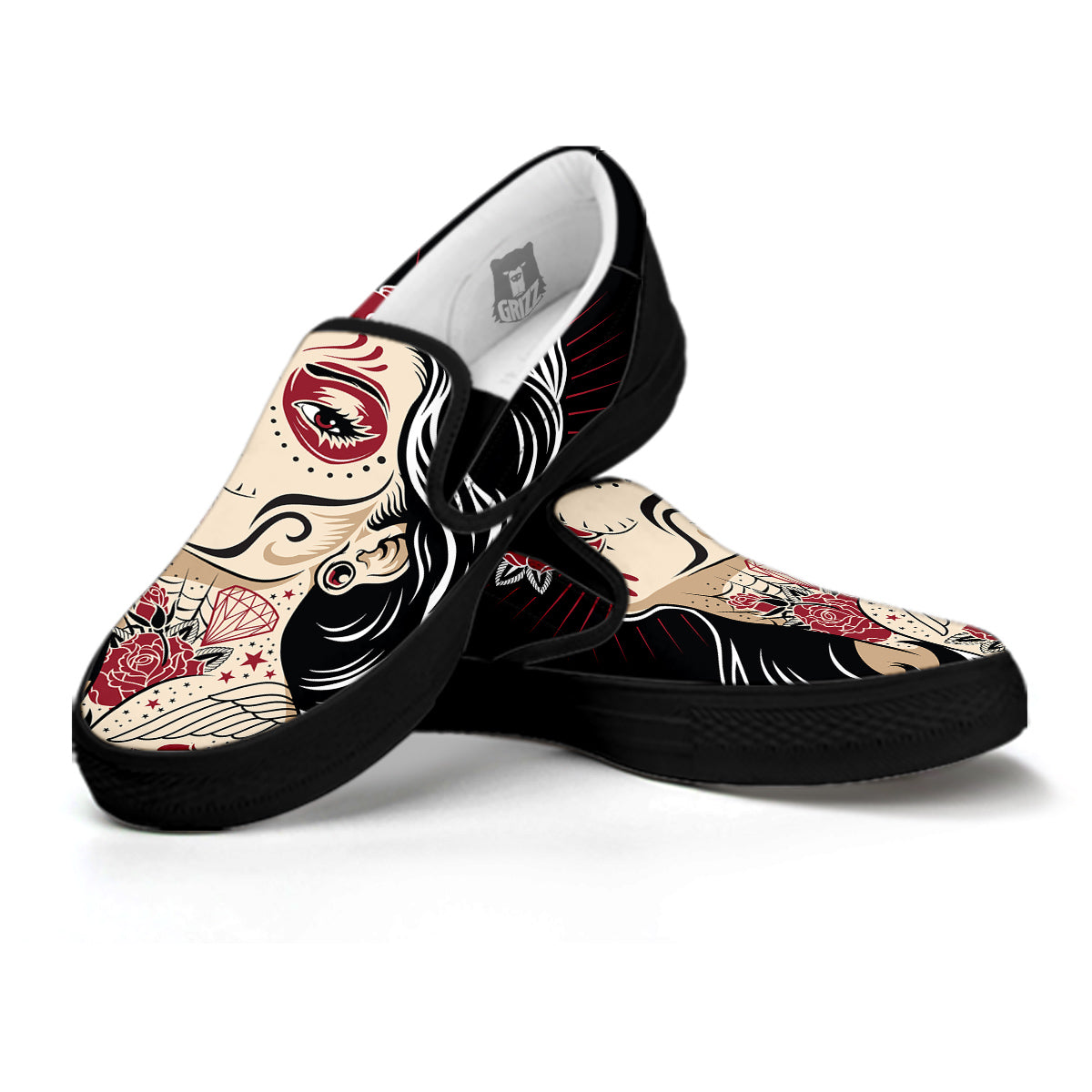 Day of The Dead Calavera Girl Print Black Slip On Shoes-grizzshop
