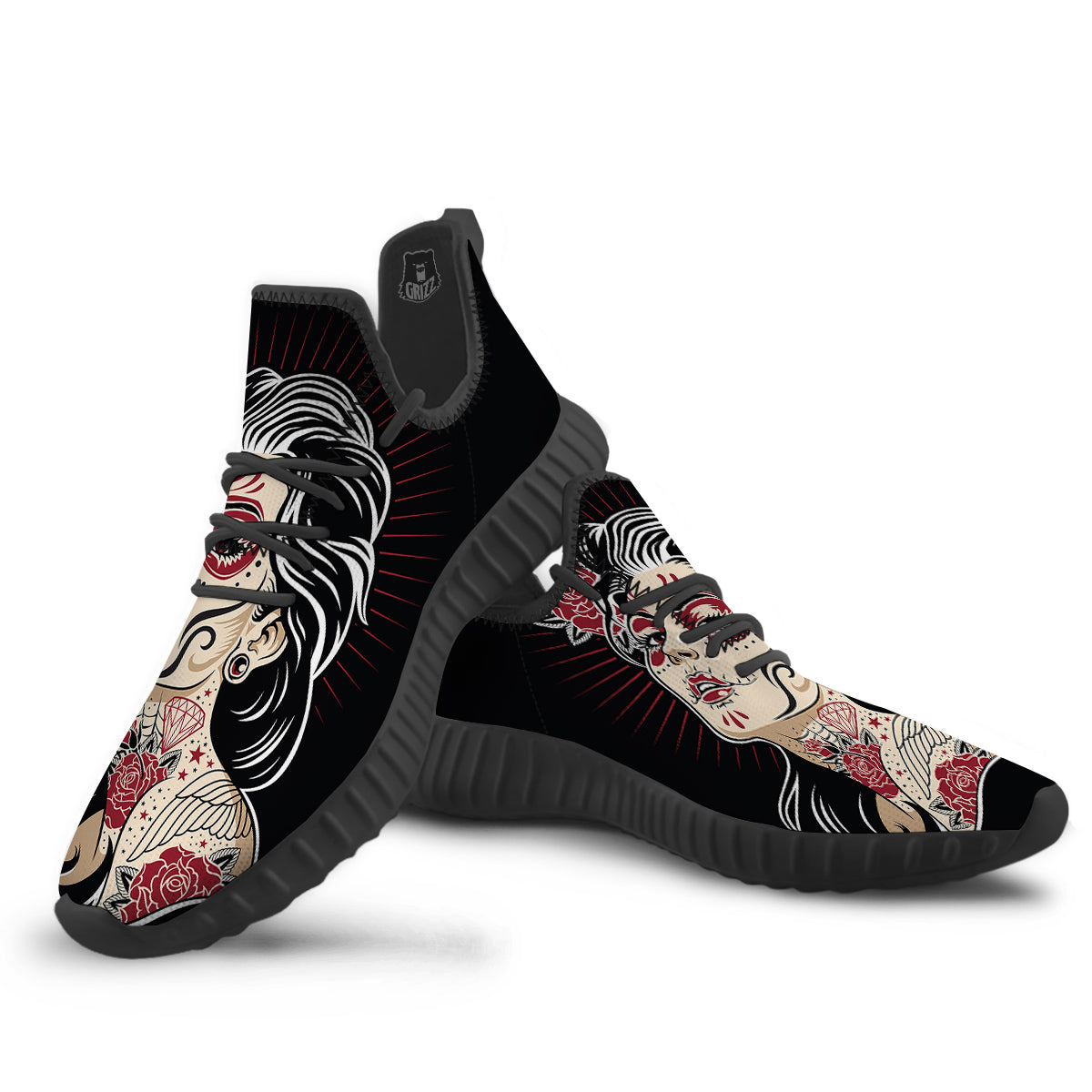 Day of The Dead Calavera Girl Print Black Walking Shoes-grizzshop