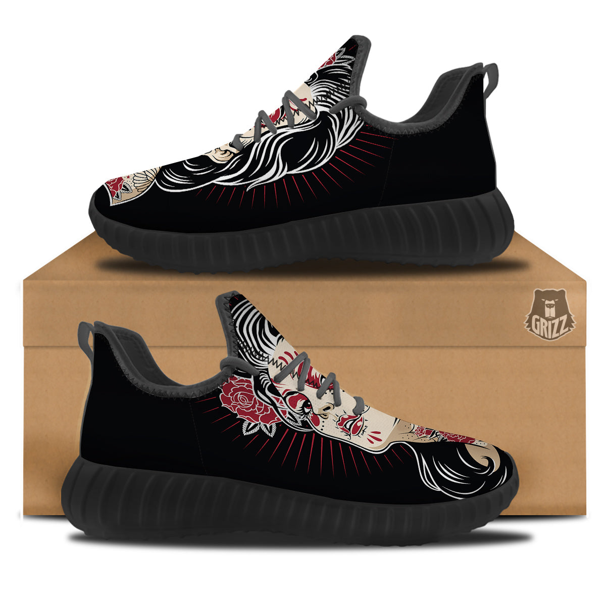 Day of The Dead Calavera Girl Print Black Walking Shoes-grizzshop