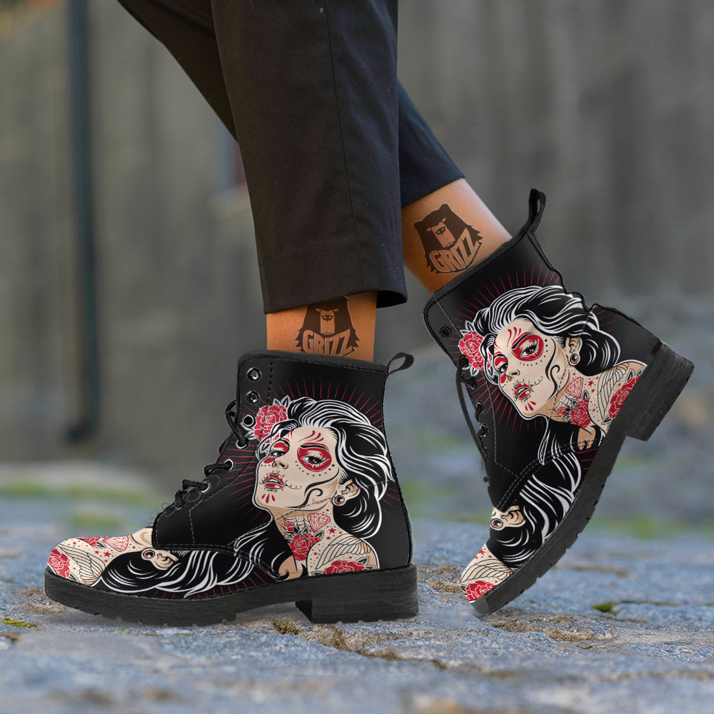 Day of The Dead Calavera Girl Print Leather Boots-grizzshop