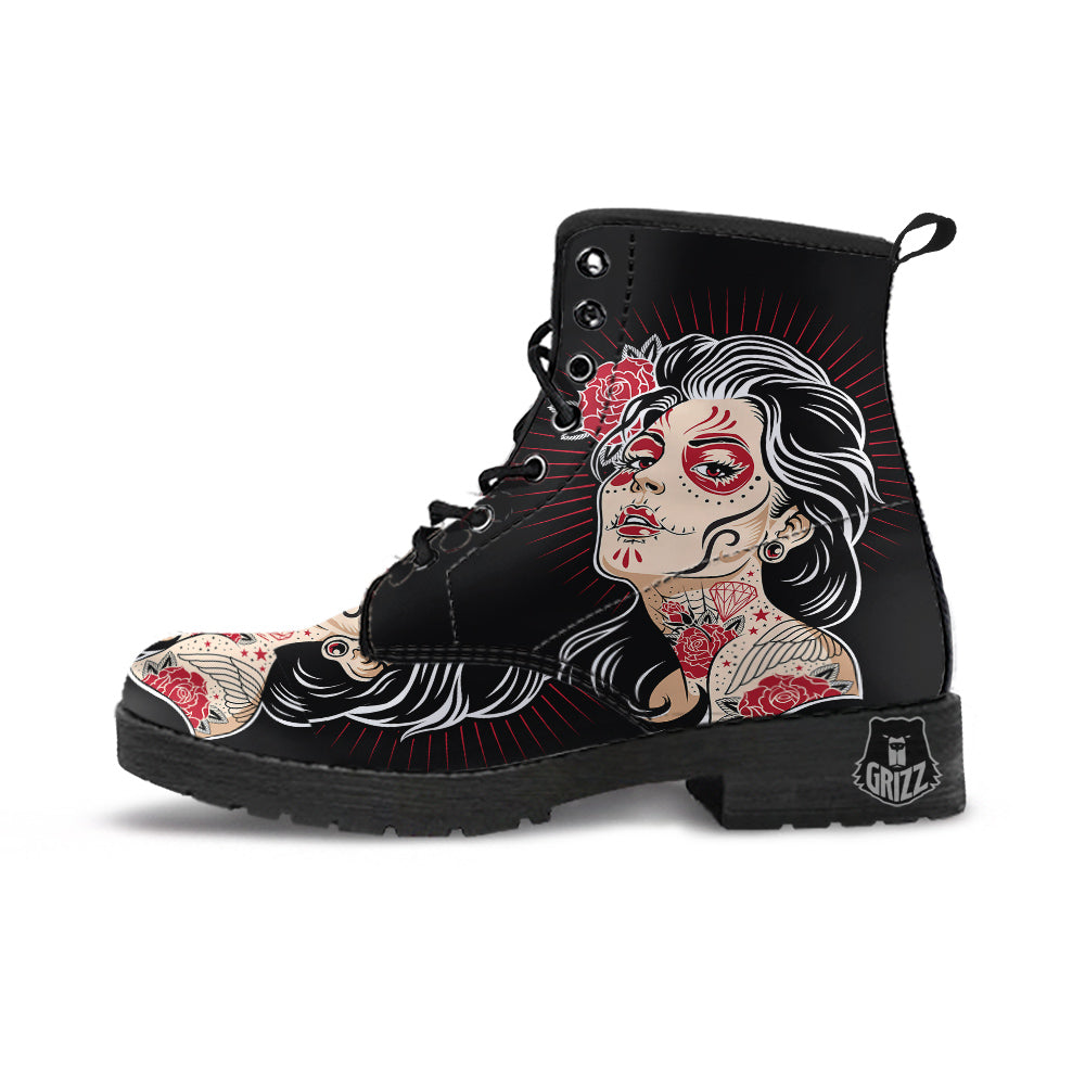 Day of The Dead Calavera Girl Print Leather Boots-grizzshop