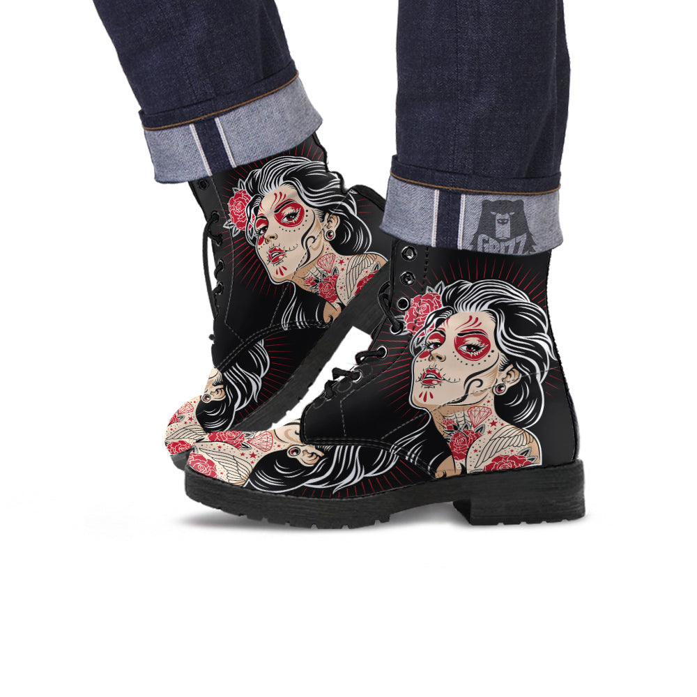 Day of The Dead Calavera Girl Print Leather Boots-grizzshop
