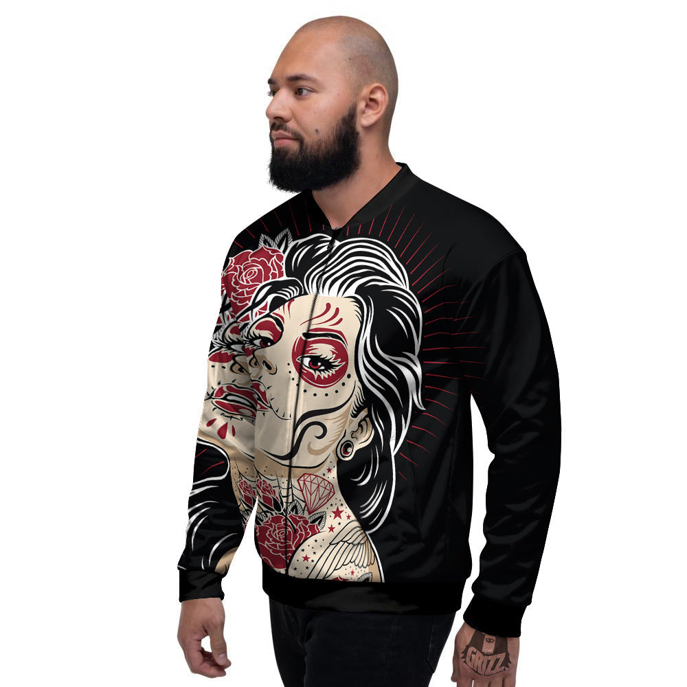 Day of The Dead Calavera Girl Print Men's Bomber Jacket-grizzshop
