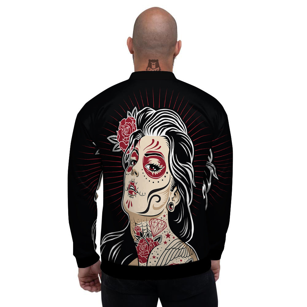 Day of The Dead Calavera Girl Print Men's Bomber Jacket-grizzshop