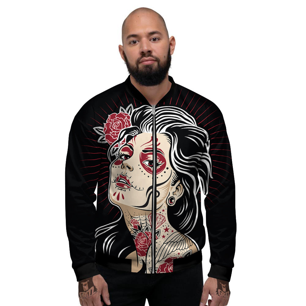 Day of The Dead Calavera Girl Print Men's Bomber Jacket-grizzshop