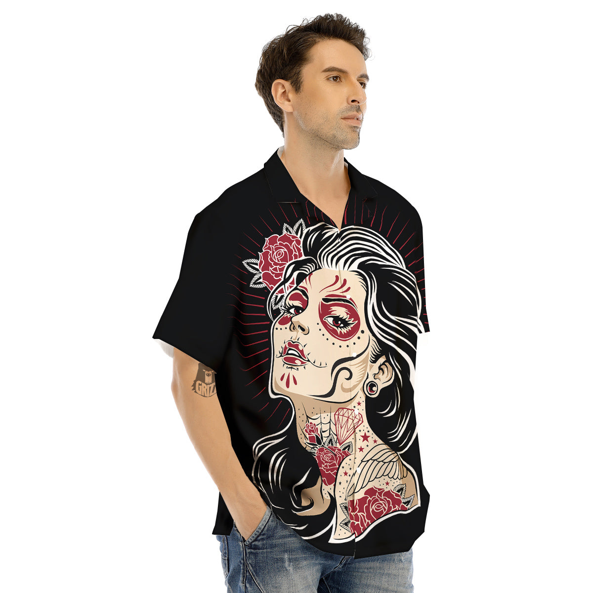 Day of The Dead Calavera Girl Print Men's Hawaiian Shirt-grizzshop