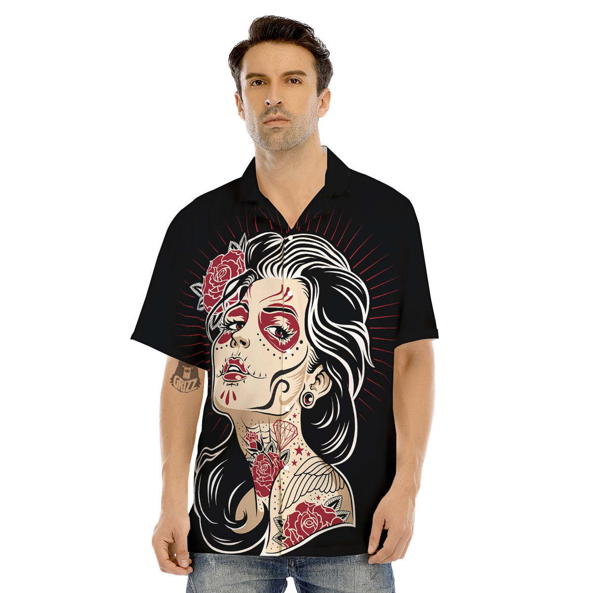 Day of The Dead Calavera Girl Print Men's Hawaiian Shirt-grizzshop