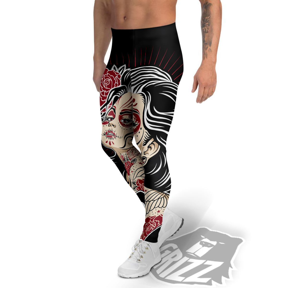 Day of The Dead Calavera Girl Print Men's Leggings-grizzshop