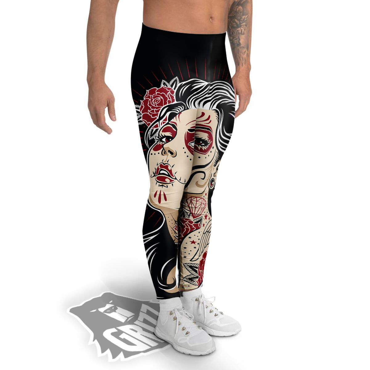 Day of The Dead Calavera Girl Print Men's Leggings-grizzshop