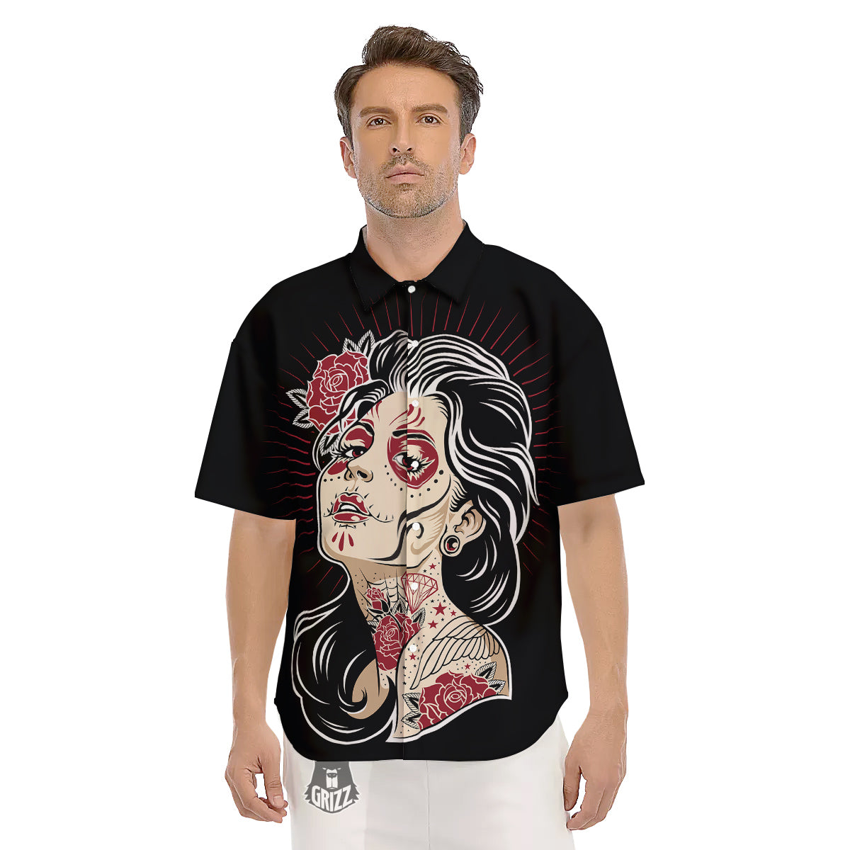 Day of The Dead Calavera Girl Print Men's Short Sleeve Shirts-grizzshop