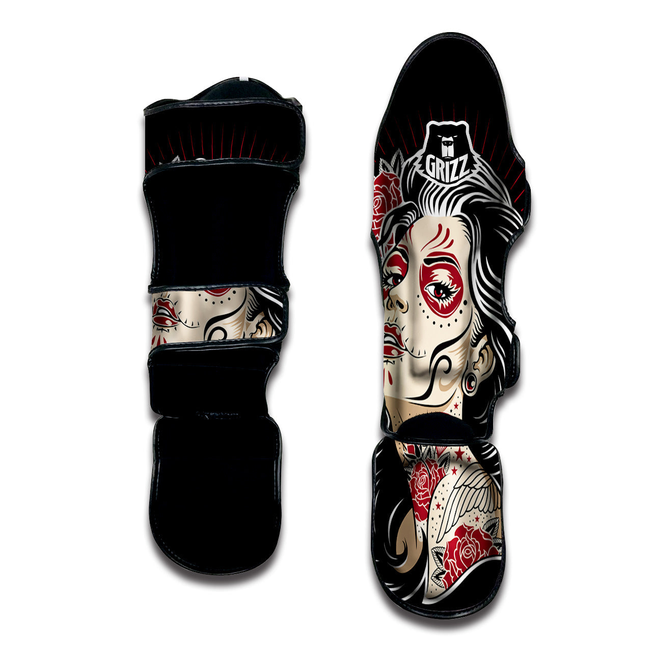 Day of The Dead Calavera Girl Print Muay Thai Shin Guards-grizzshop