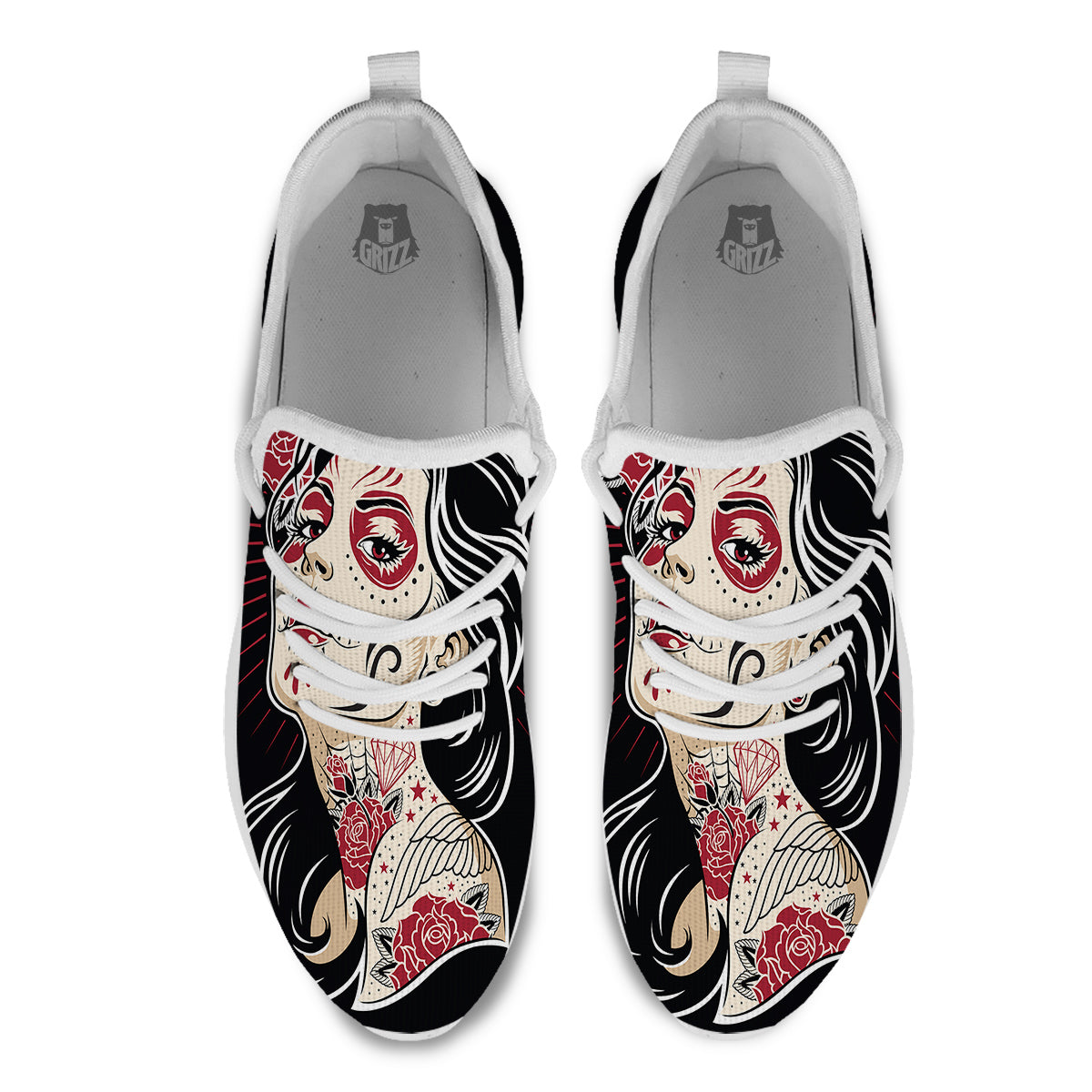 Day of The Dead Calavera Girl Print White Athletic Shoes-grizzshop