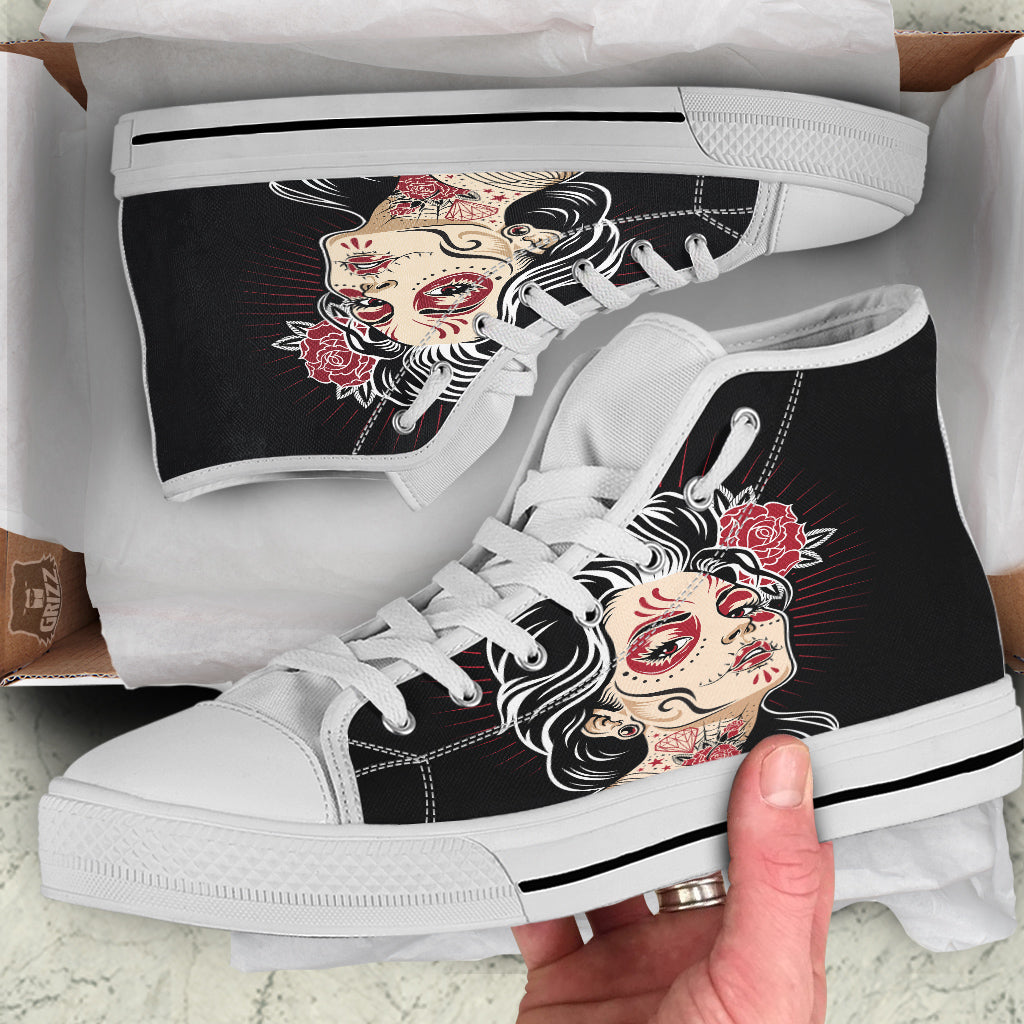 Day of The Dead Calavera Girl Print White High Top Shoes-grizzshop
