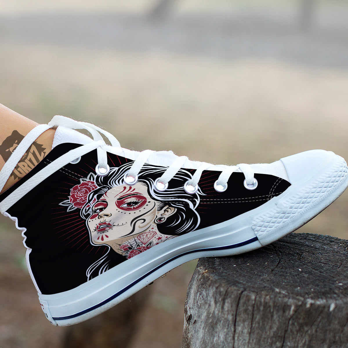 Day of The Dead Calavera Girl Print White High Top Shoes-grizzshop