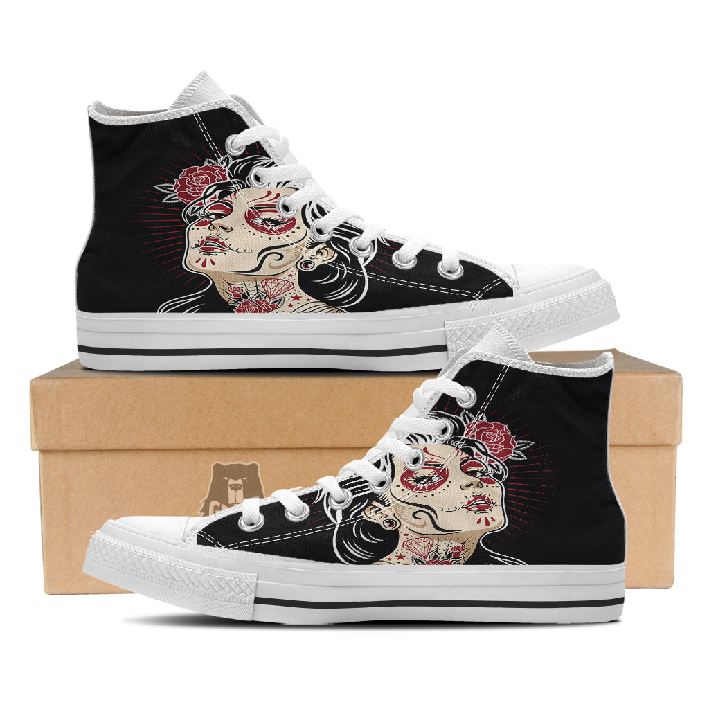 Day of The Dead Calavera Girl Print White High Top Shoes-grizzshop