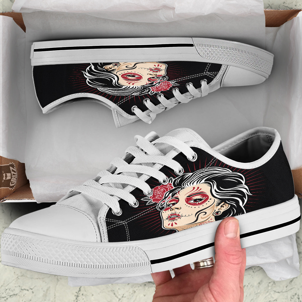 Day of The Dead Calavera Girl Print White Low Top Shoes-grizzshop