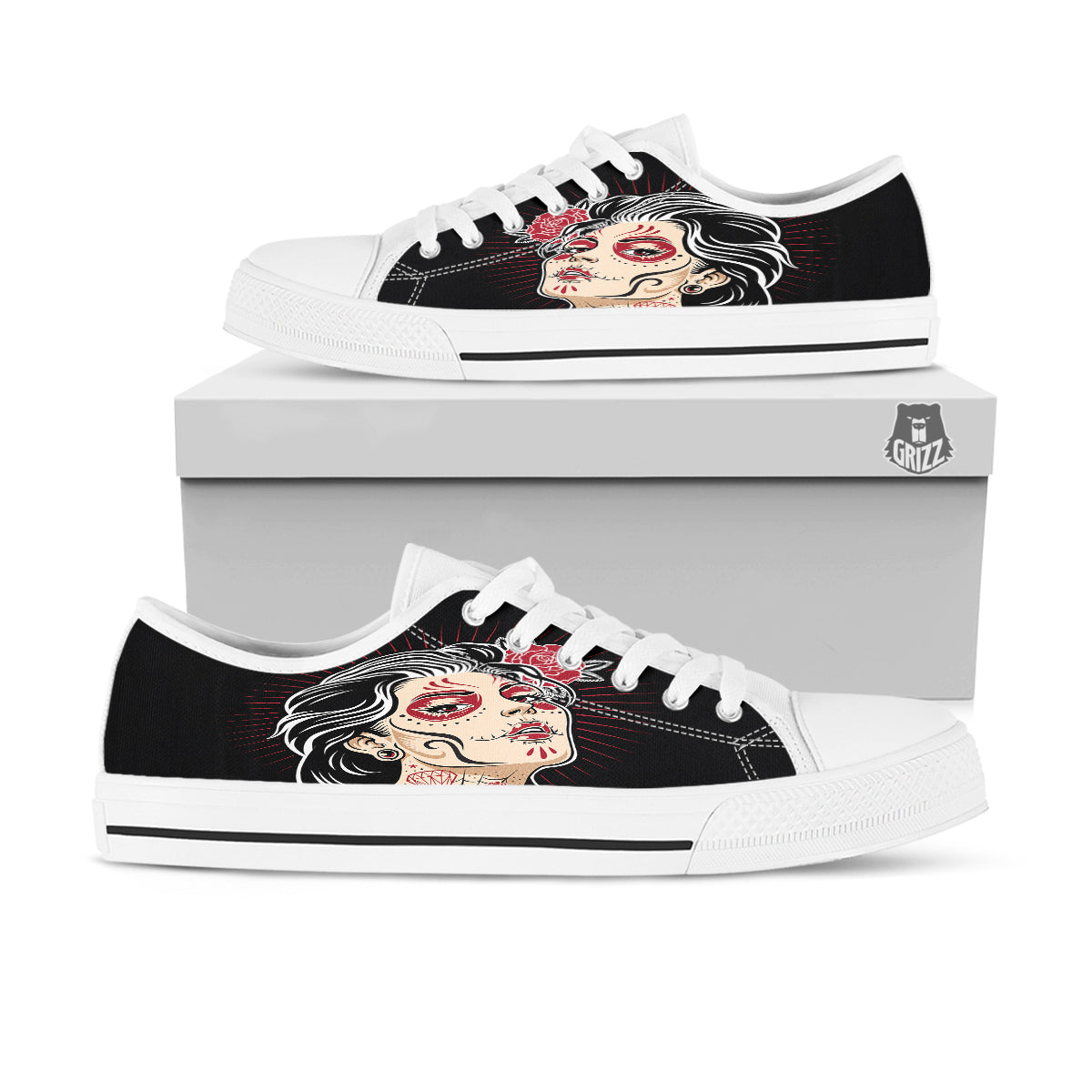 Day of The Dead Calavera Girl Print White Low Top Shoes-grizzshop