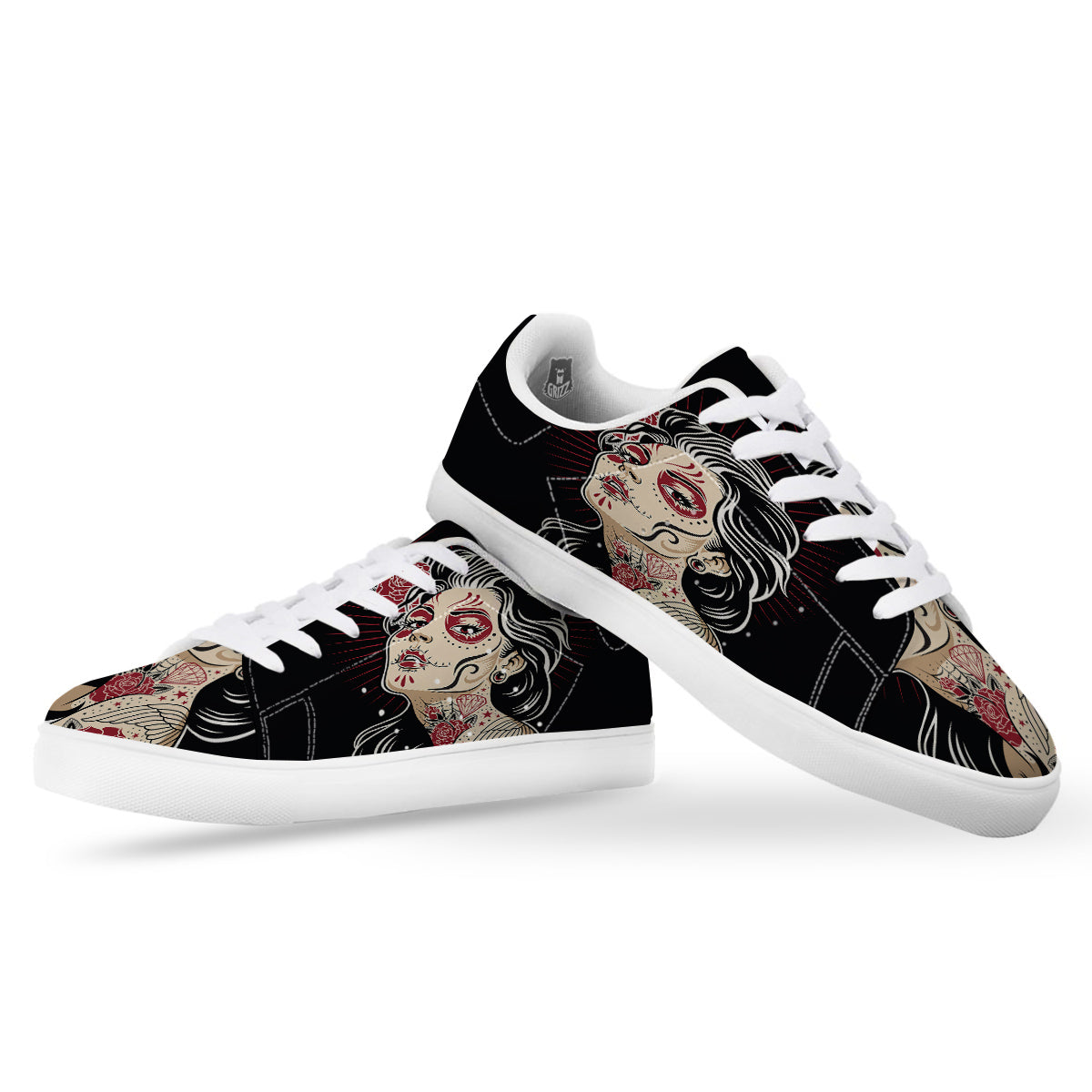 Day of The Dead Calavera Girl Print White Low Top Sneakers-grizzshop