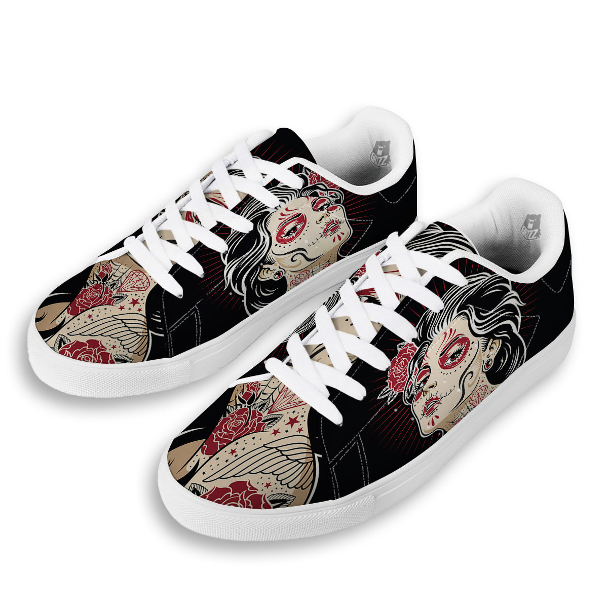 Day of The Dead Calavera Girl Print White Low Top Sneakers-grizzshop