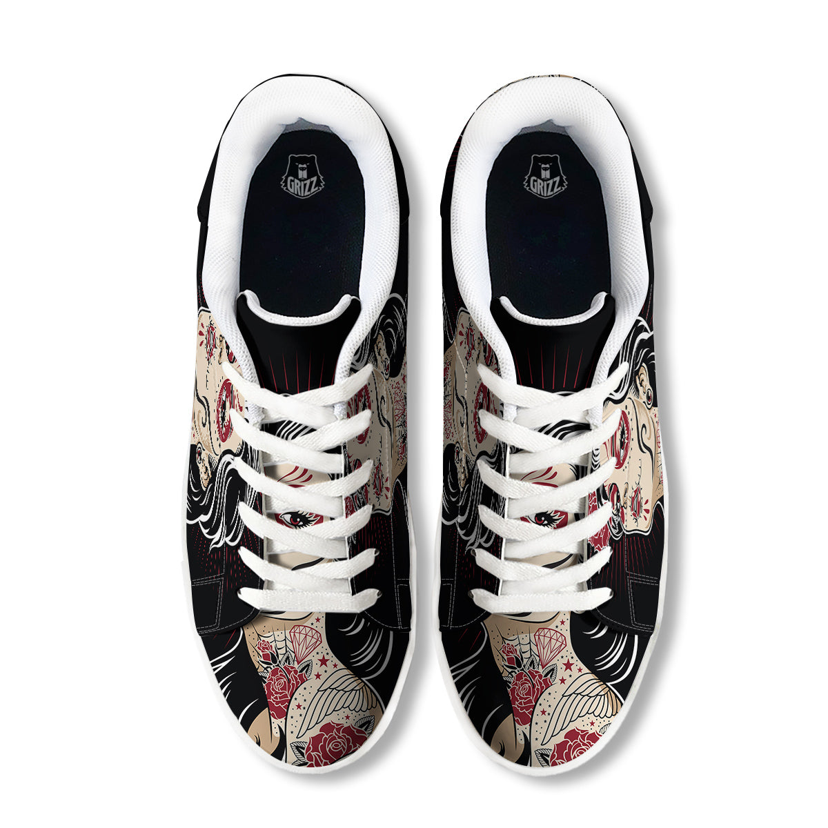 Day of The Dead Calavera Girl Print White Low Top Sneakers-grizzshop
