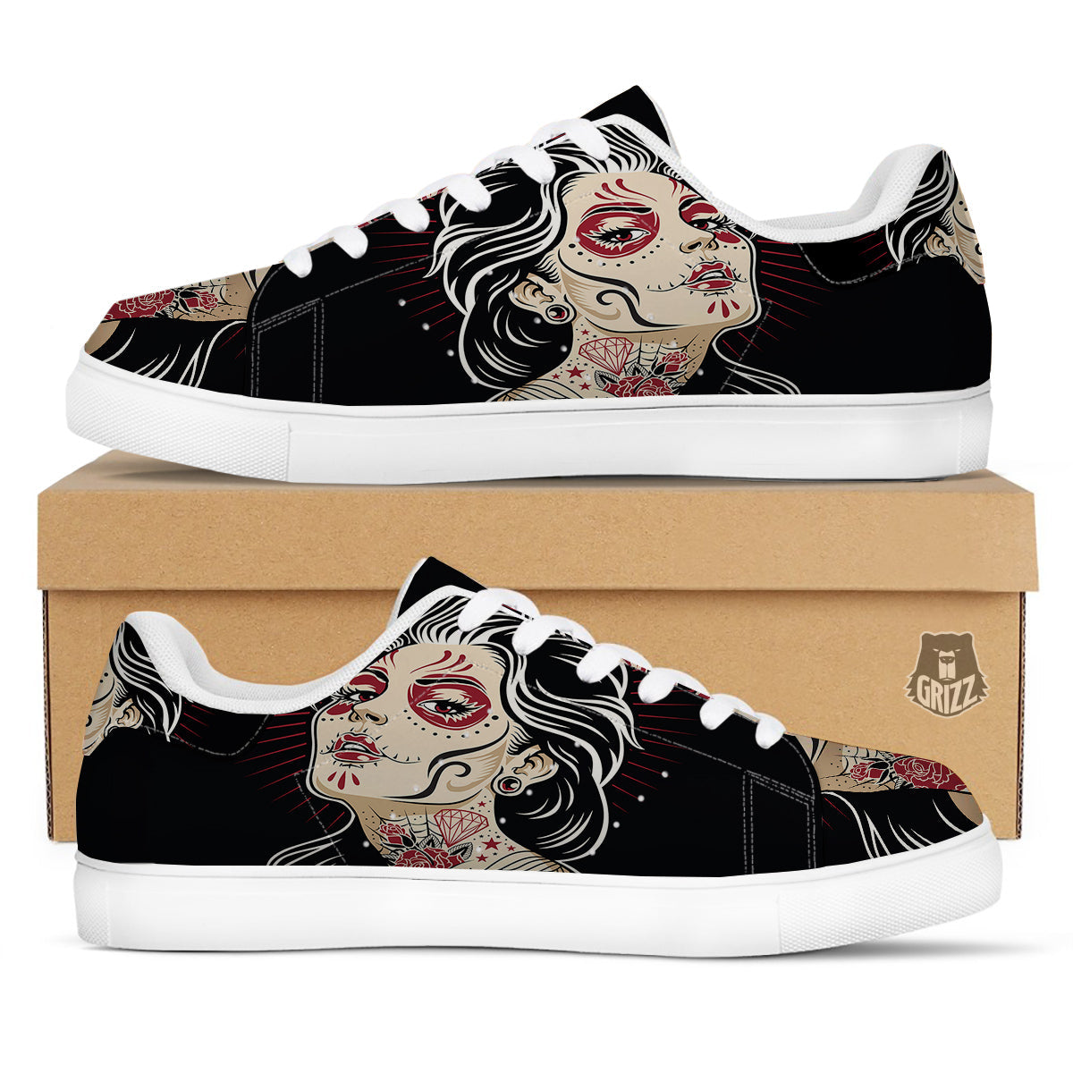 Day of The Dead Calavera Girl Print White Low Top Sneakers-grizzshop