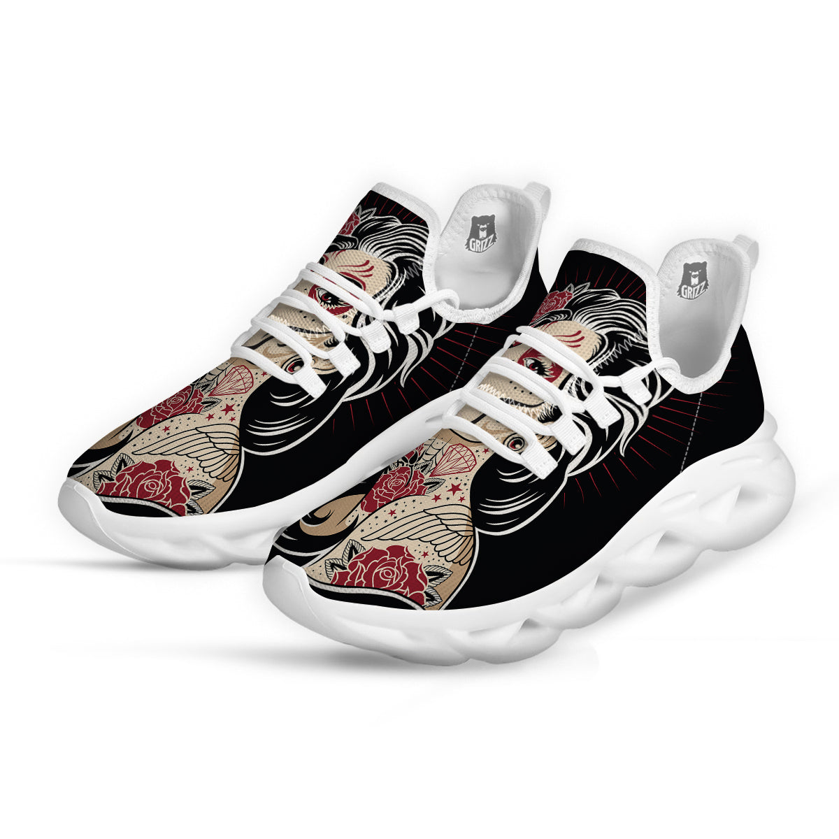 Day of The Dead Calavera Girl Print White Running Shoes-grizzshop