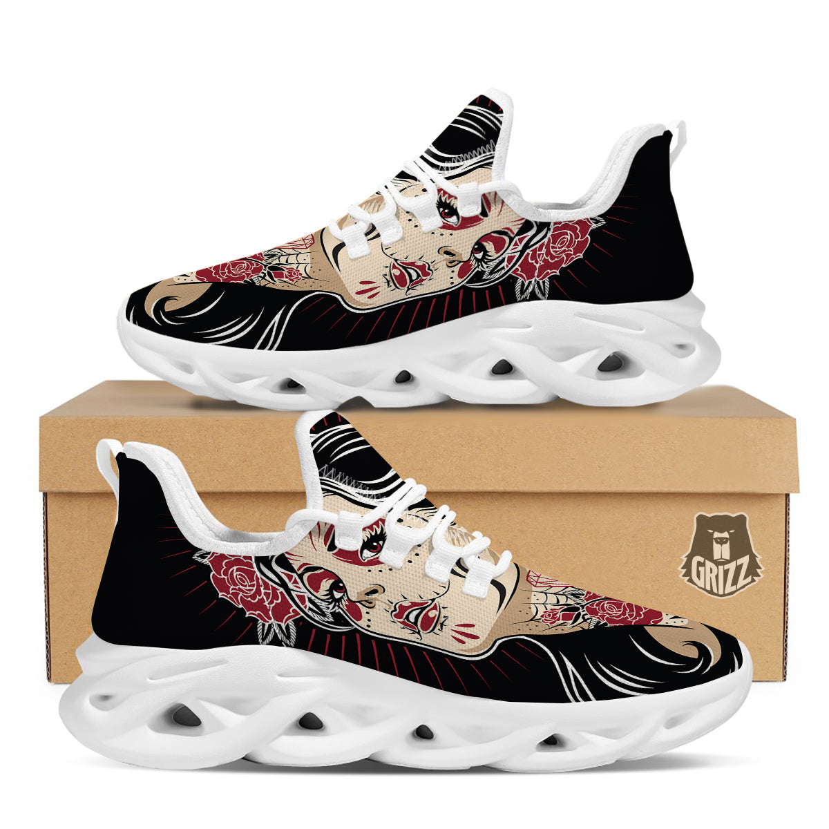 Day of The Dead Calavera Girl Print White Running Shoes-grizzshop