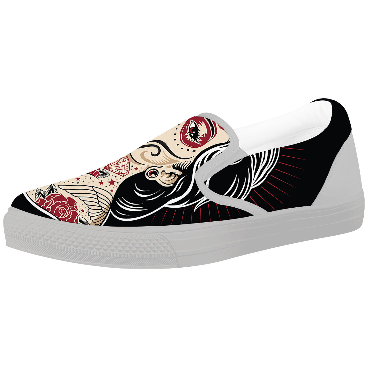 Day of The Dead Calavera Girl Print White Slip On Shoes-grizzshop