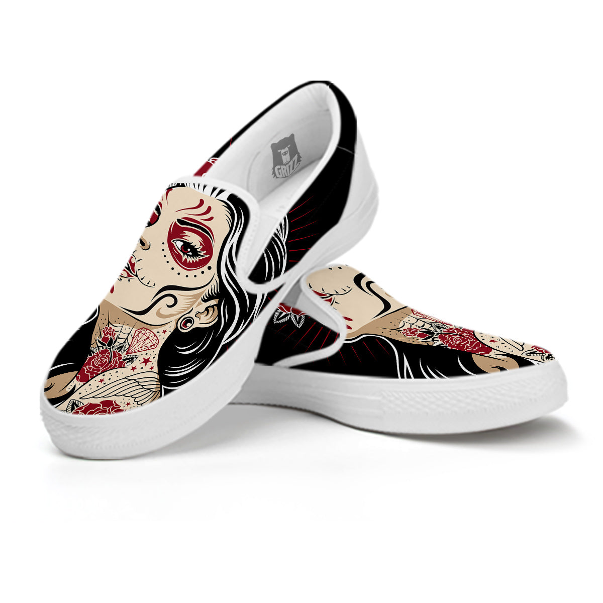 Day of The Dead Calavera Girl Print White Slip On Shoes-grizzshop