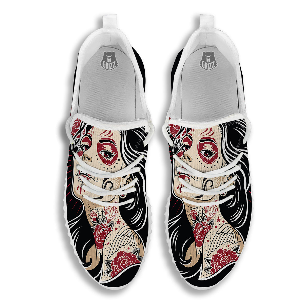 Day of The Dead Calavera Girl Print White Walking Shoes-grizzshop