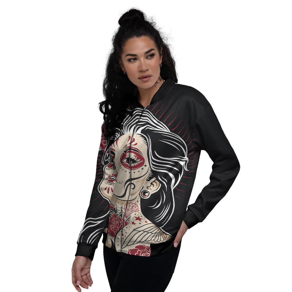 Day of The Dead Calavera Girl Print Women's Bomber Jacket-grizzshop