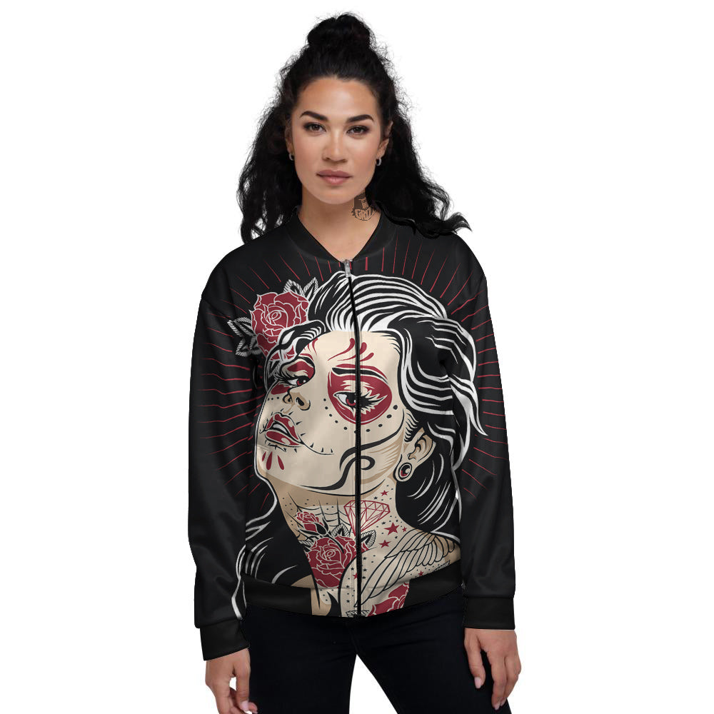 Day of The Dead Calavera Girl Print Women's Bomber Jacket-grizzshop