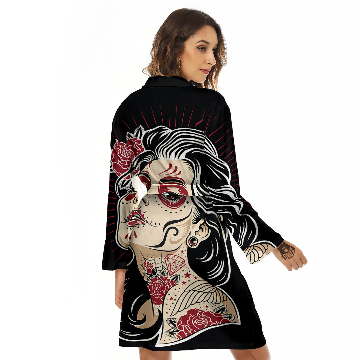Day of The Dead Calavera Girl Print Women's Robe-grizzshop