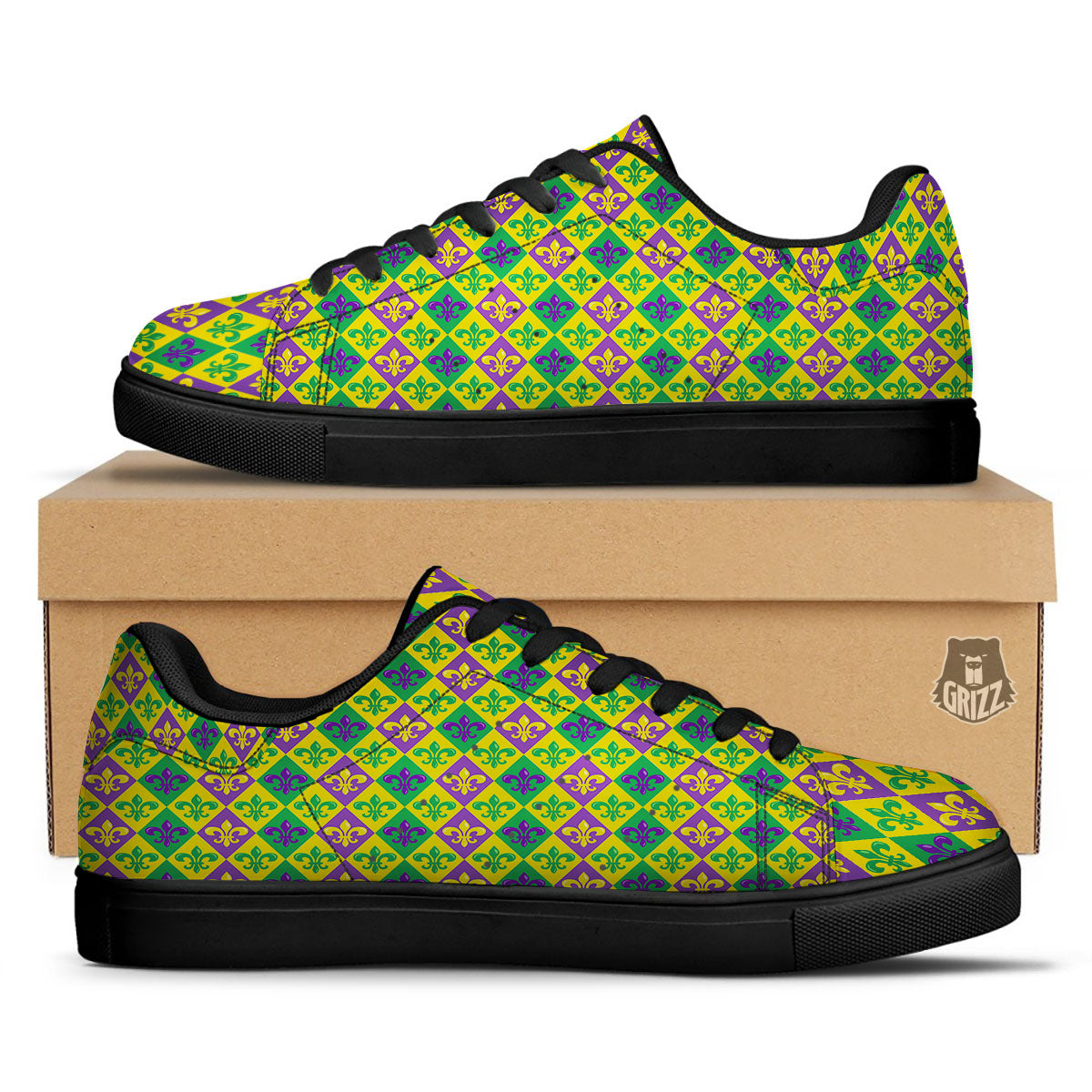 De Lis Mardi Gras Print Pattern Black Low Top Sneakers-grizzshop